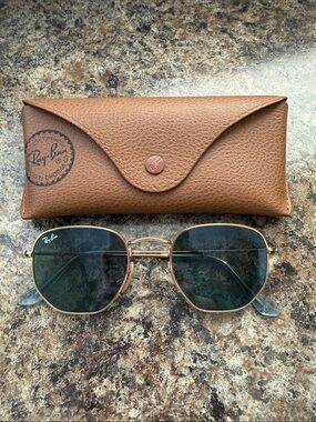 Ray-Ban Gold Frame Sunglasses with Blue Lenses and Brown Case